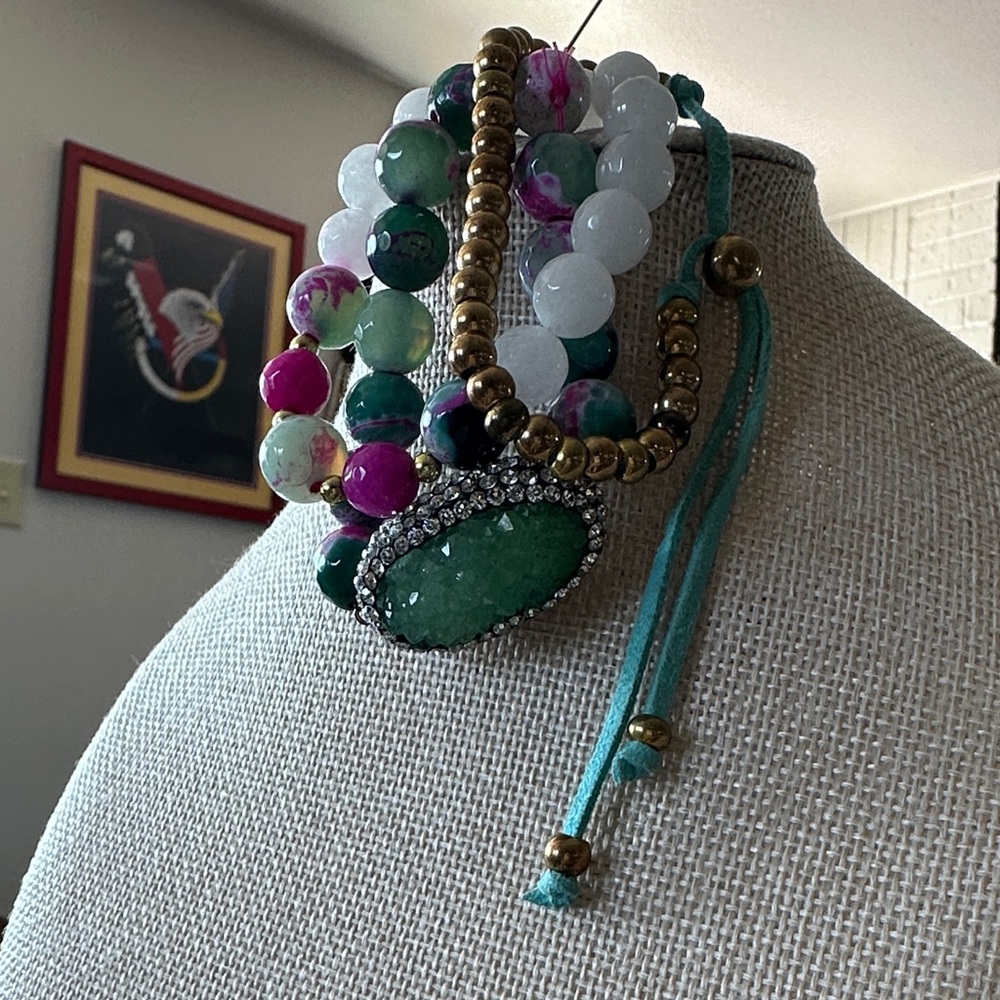 Natural Stone and Druzy Multi-Color Beaded Bracelet Set